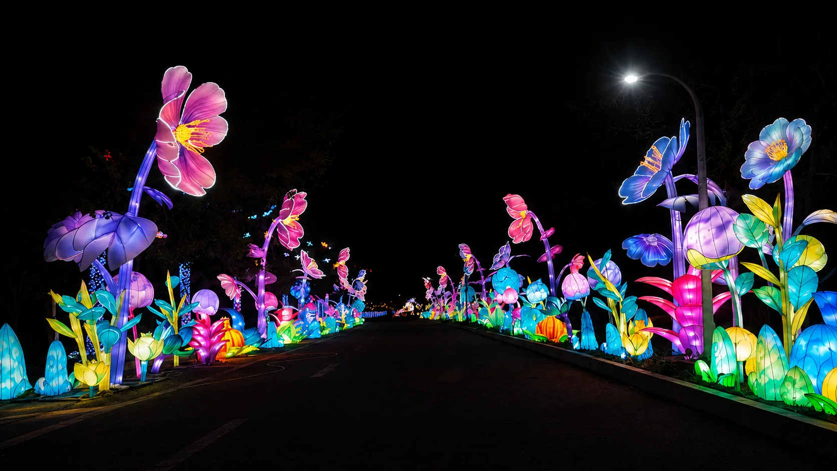 Wide illuminated flower avenue at the Birmingham festival