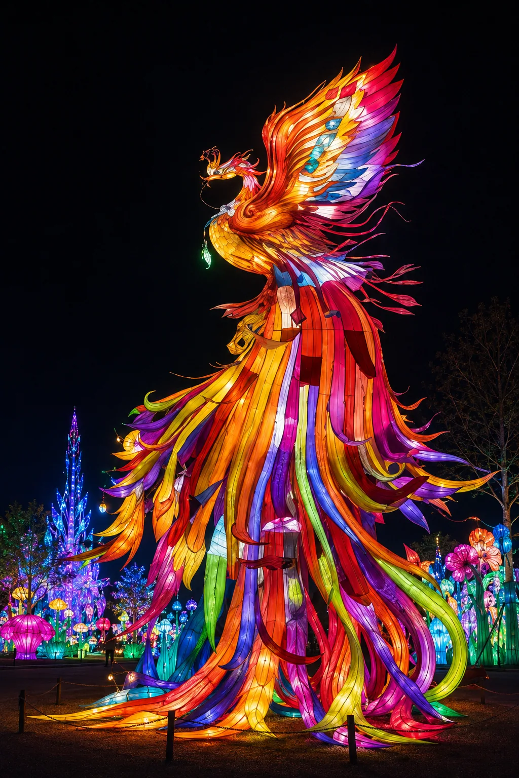 Tall illuminated phoenix lantern landmark