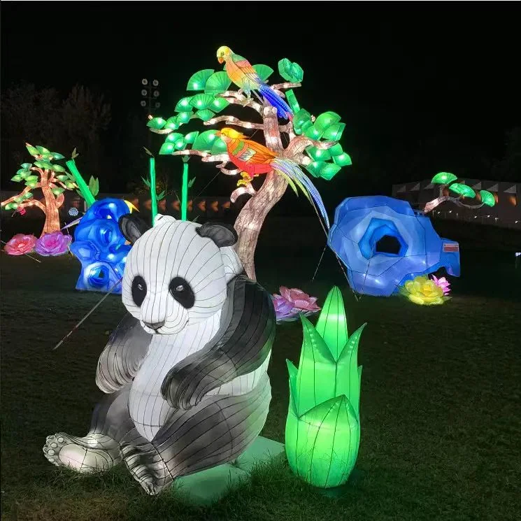 Panda and woodland animal lantern scene