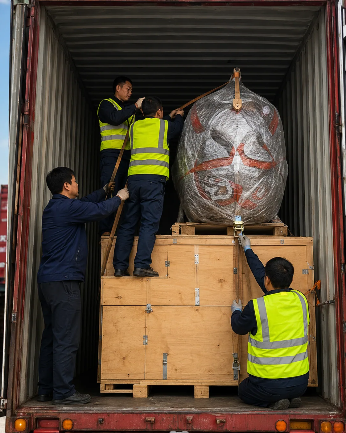 Crated lantern modules being loaded into a shipping container