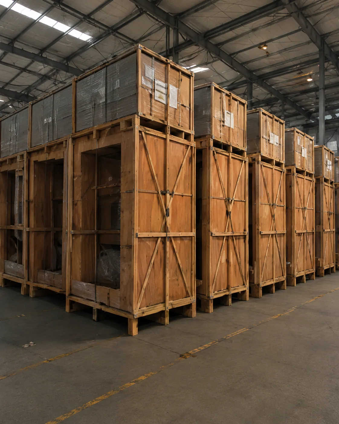 Closed wooden crates prepared for shipment