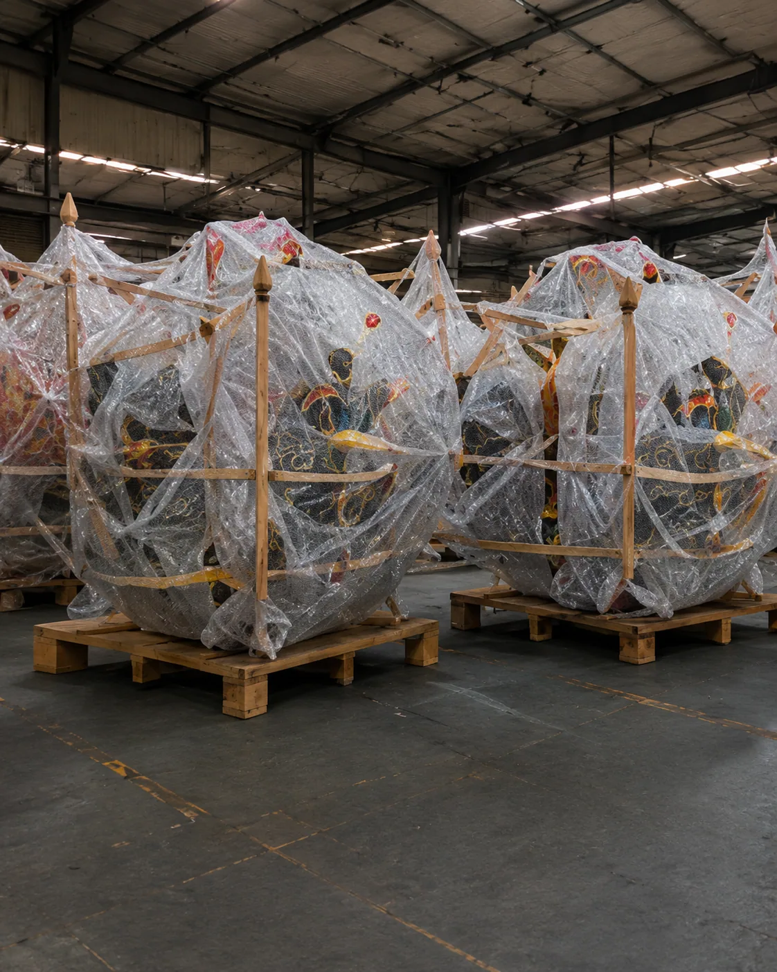 Multiple lantern modules wrapped for overseas transport
