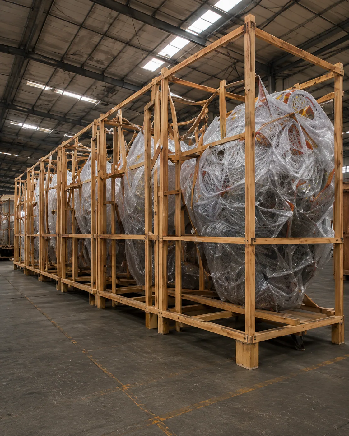 Lantern modules secured inside open wooden shipping crates