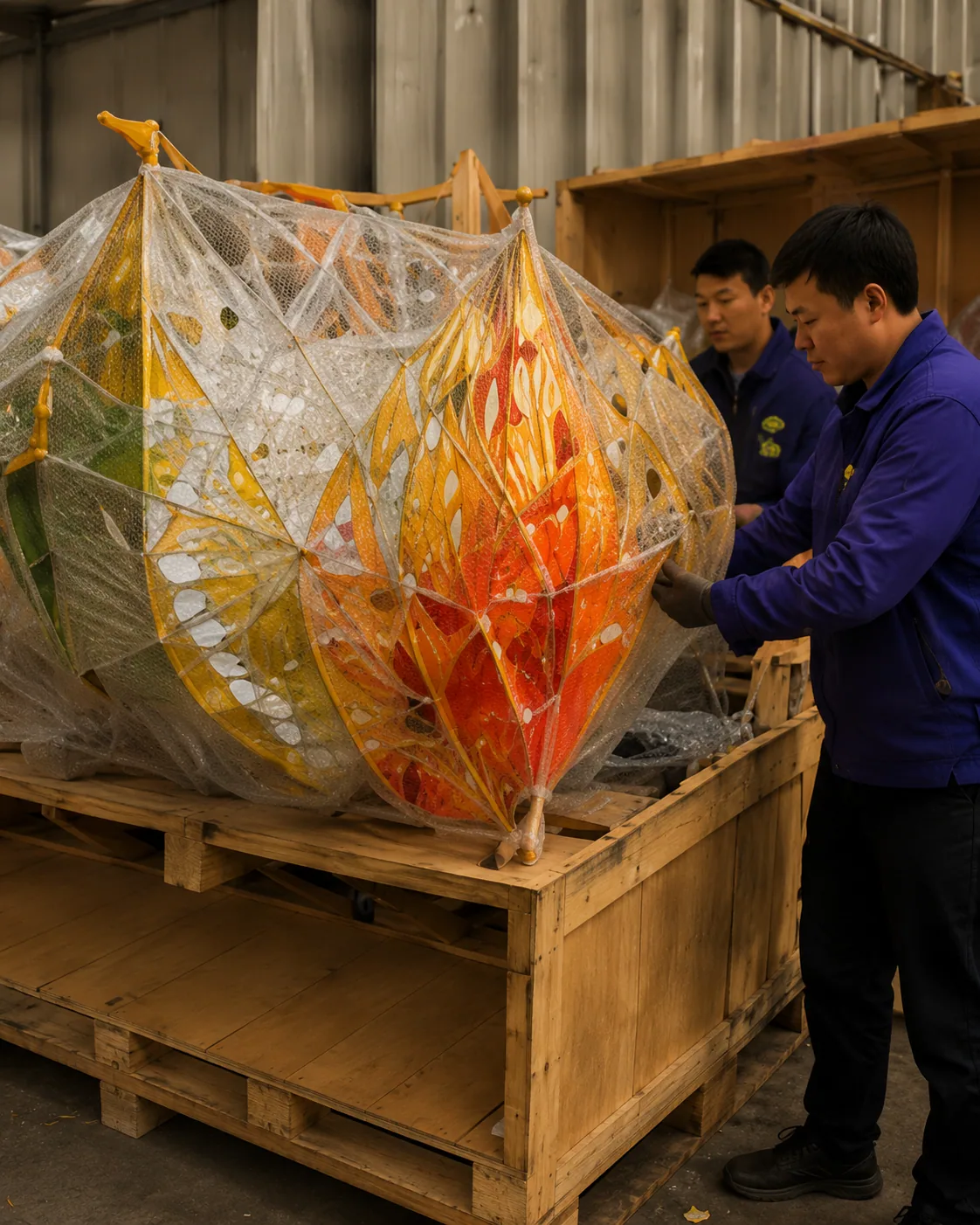 Craftsperson checking a protected lantern module before packing