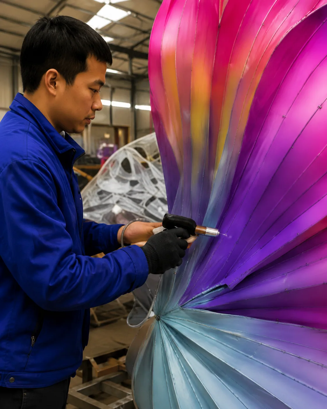 Craftsperson applying color finishing to a lantern sculpture