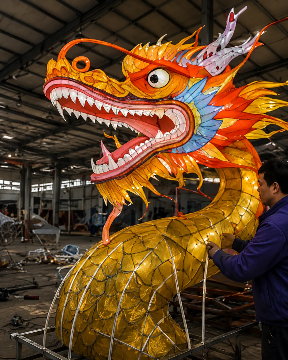 Completed dragon lantern undergoing workshop inspection