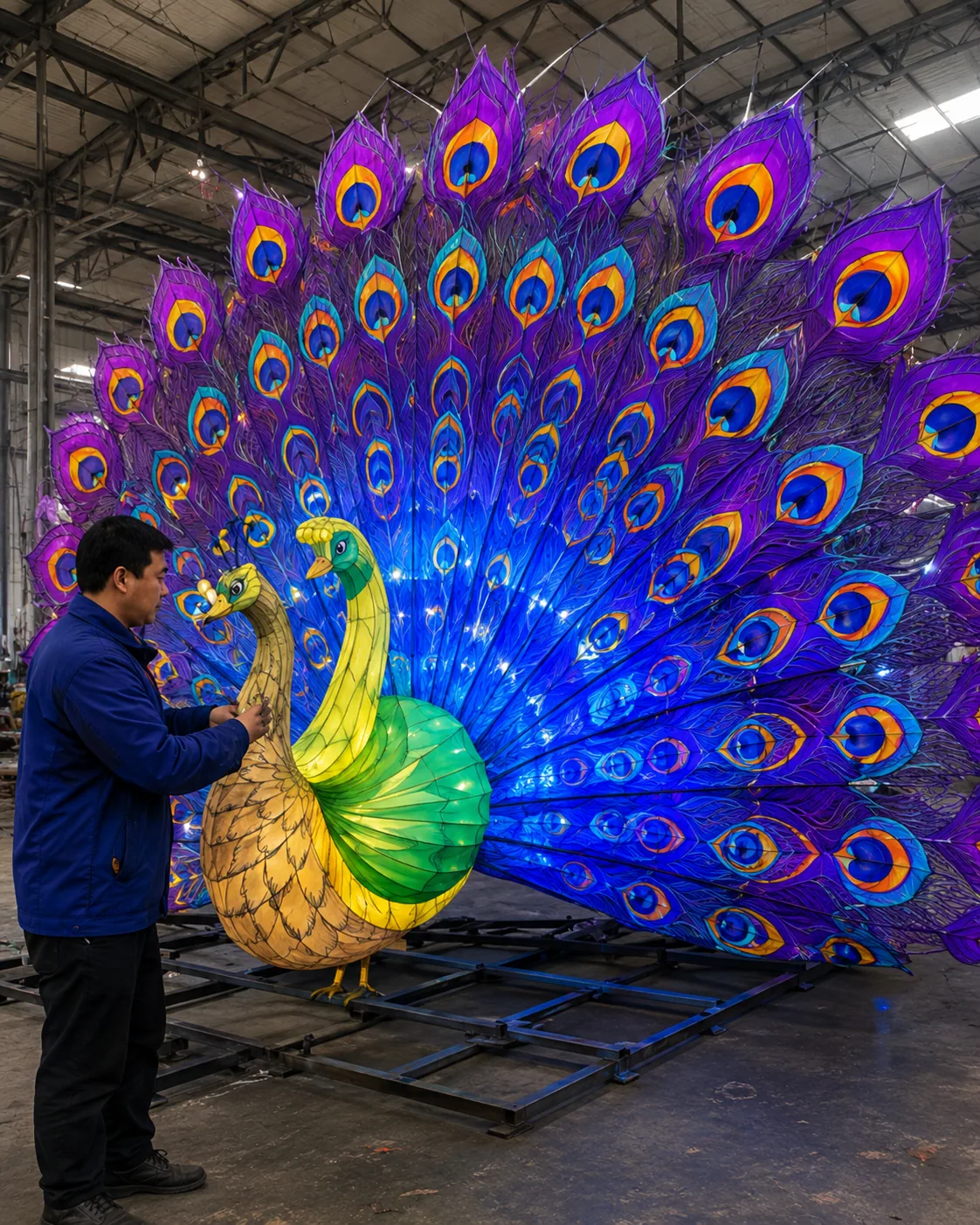 Peacock lantern display assembled in the workshop