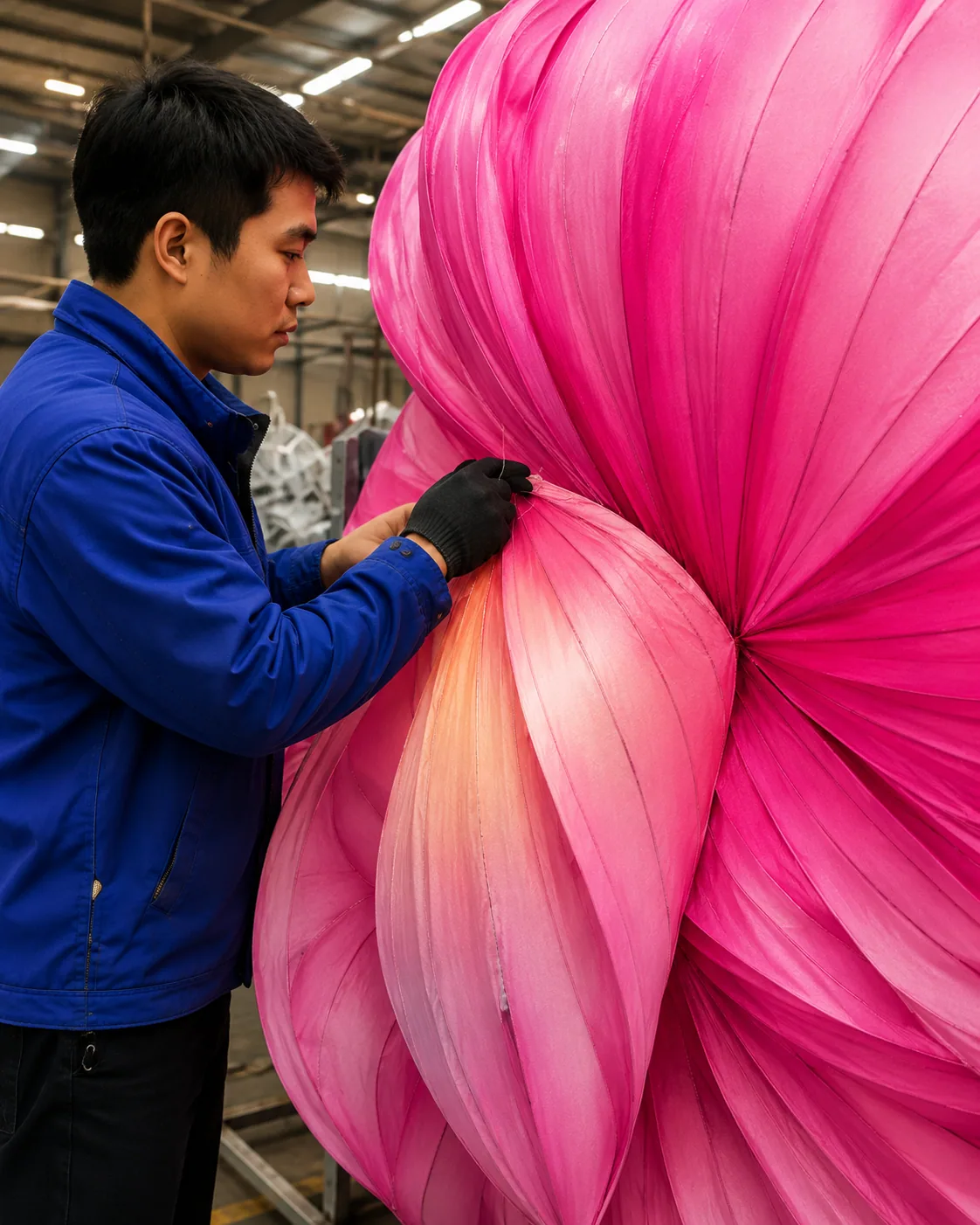Craftsperson finishing the fabric surface of a flower lantern