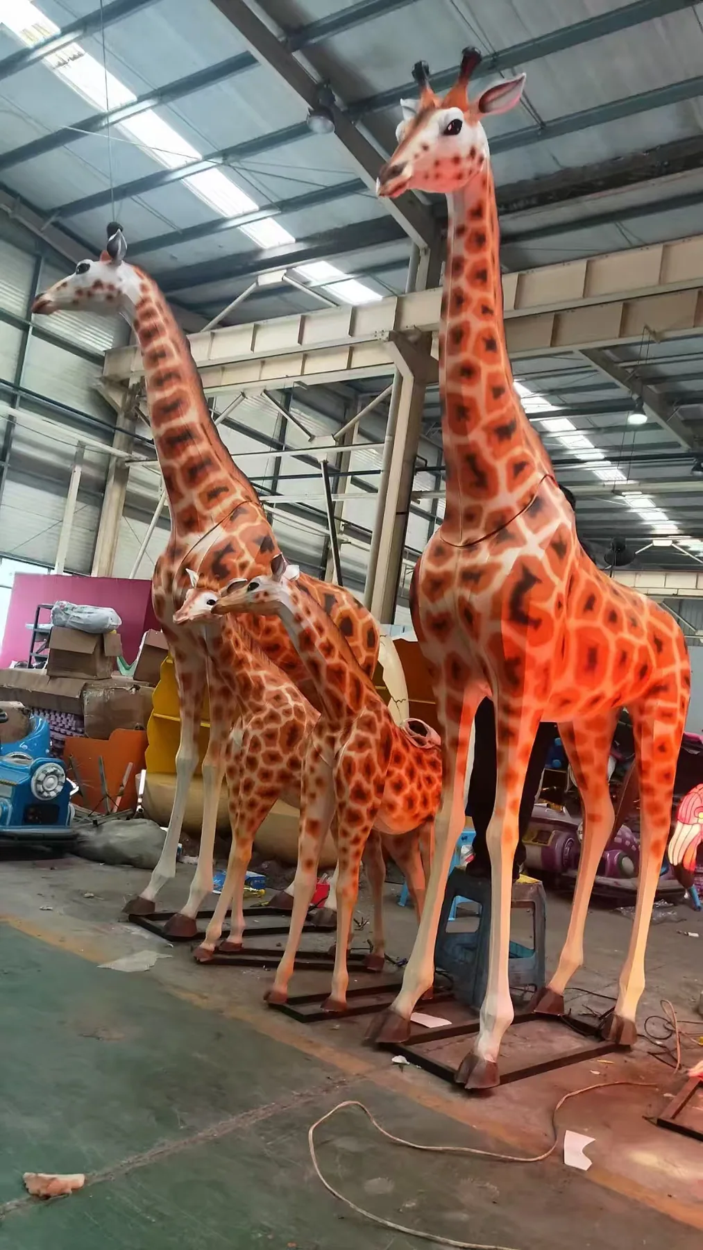 Giraffe family lanterns before lighting test in the workshop