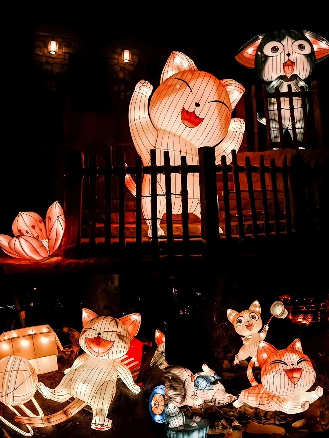 Garden story collage with multiple glowing Miss Cat lantern scenes