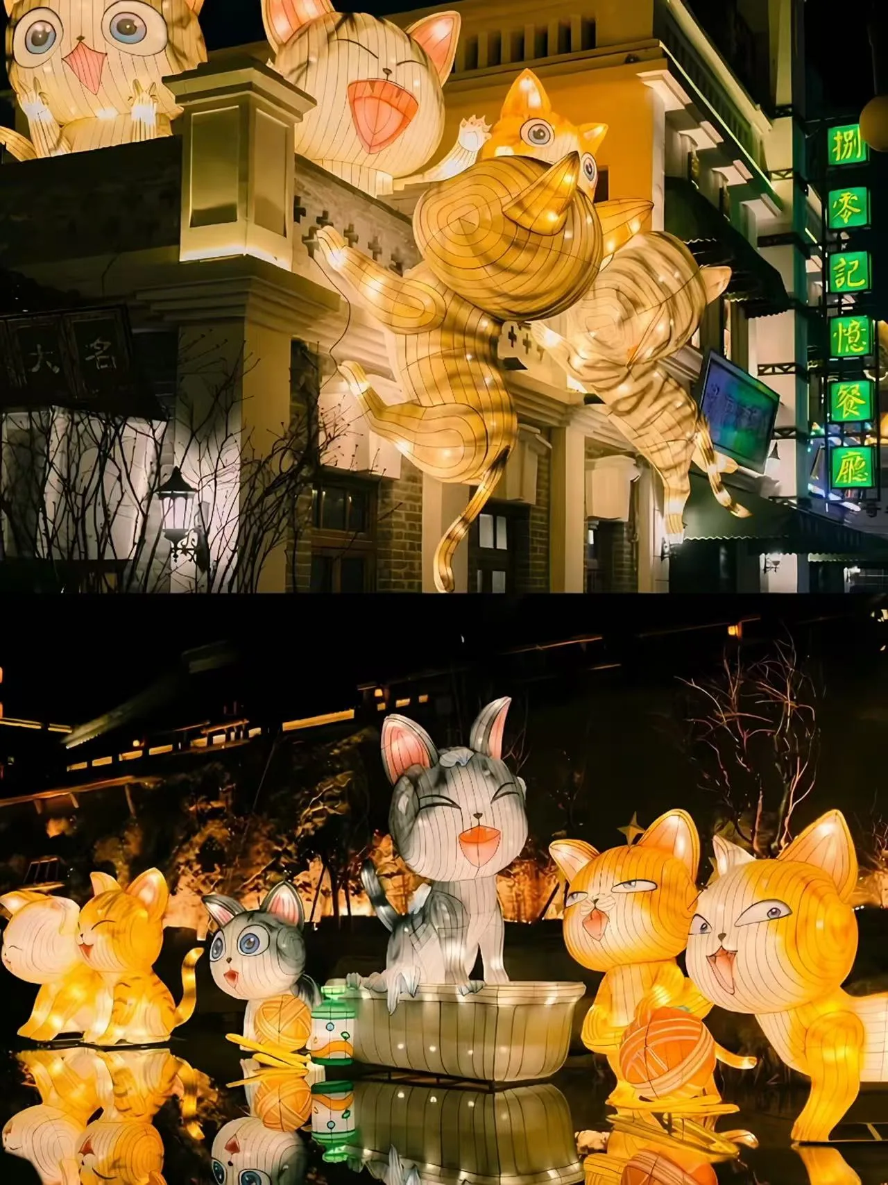 Night street collage of Miss Cat lantern characters installed in Hong Kong