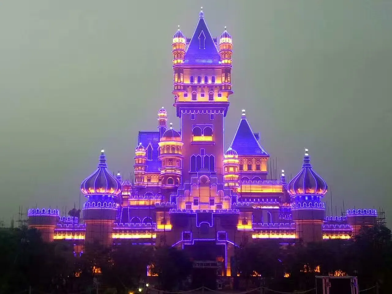 Large illuminated fantasy castle lantern structure in Sochi