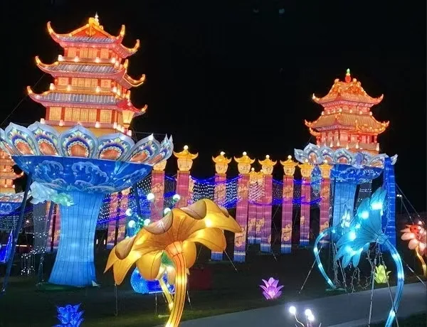 Chinese pagoda and lotus lanterns illuminated at night
